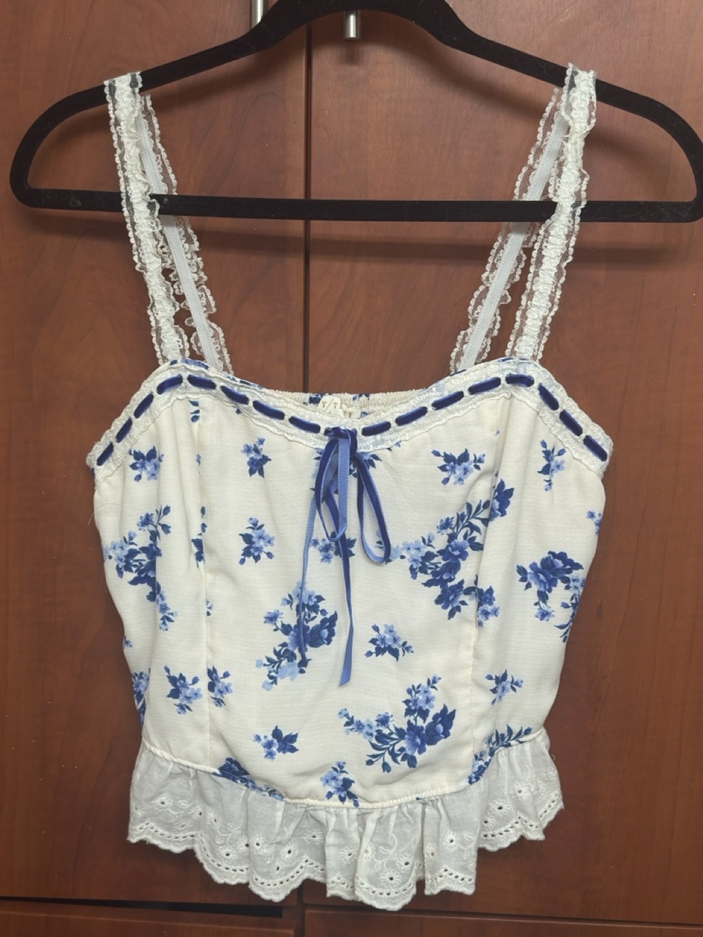 White & Blue Floral Lace-Trim Camisole with Ribbon Tie